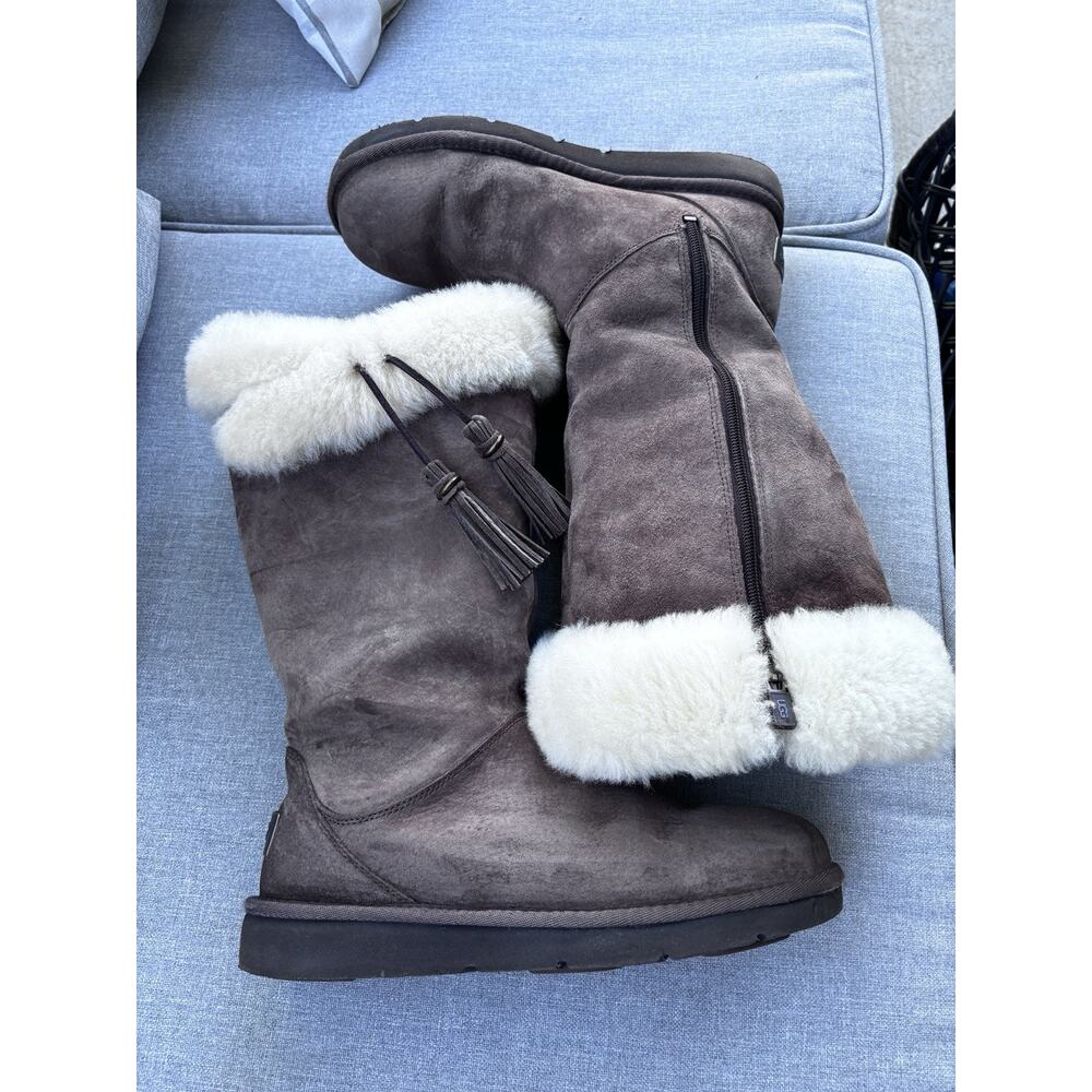 UGG Plumdale Tassel Tall Genuine Sheepskin Boots Sz 8 Zip Espresso Suede 1894 - Picture 14 of 16
